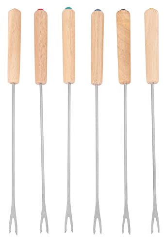 Qusedwey Stainless Steel Color Coding Chocolate Fountain Cheese Fondue Forks with Oak Wood Handle Heat, Skewers Marshmallow Roasting Sticks, 9.5Inch