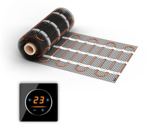 Elektrische Fußbodenheizung: Zweiader-Heizmatte WARMON ULTRA 200 W/m² mit WiFi-Thermostat OKE-25 Touch und schwarzem Garda Glass-Abdeckrahmen, Thermostat:OKE25 Garda Schwarz, Mattengröße:12 m²