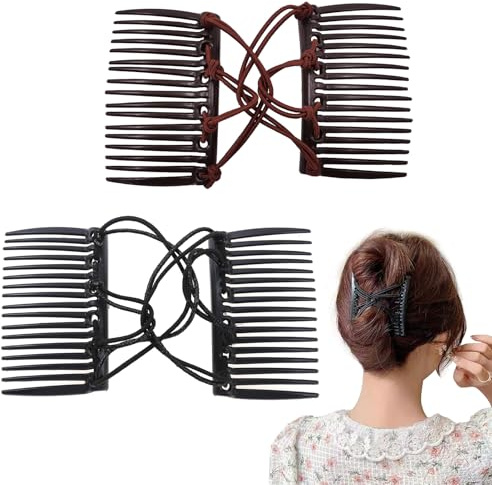 2 Pcs Magic Hair Combs,Plastic Double Hair Combs Elastic Magic Hair Clip Comb Ponytailer Styling Tool for Women Thick Curly Thin Hair (Black, Brown)