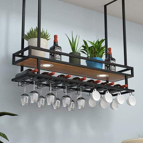 Mensole sospese a soffitto - Portabottiglie sospeso, espositore sospeso a soffitto, scaffale decorativo con barra di ferro, portabicchieri invertito, scaffale moderno per sala da pranzo (dimensioni :
