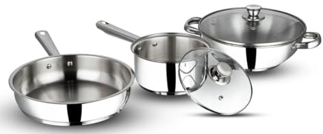 Nobel Stainless Steel Cookware Set, 3 Pc 16 cm Saucepan with Glass Vented Lid, Frypan 24 cm & Kadai 2.7 Litre with Glass Vented Lid Induction Compatible - Silver