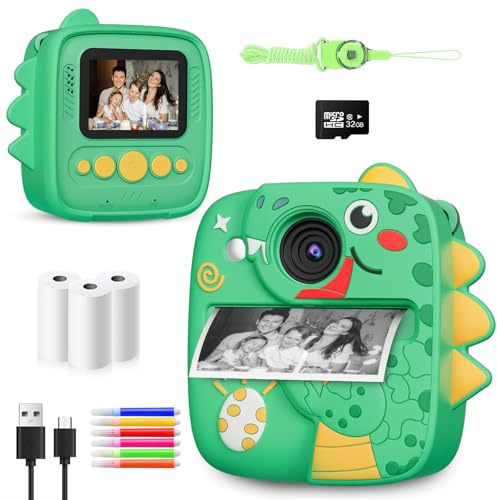 CHRERNA Appareil Photo Instantané Enfants, 1080P Appareil Photo Enfants avec Papier d'impression et Carte 32GB, Jouet Cadeau pour Garçons Filles de 3 à 12 Ans (Vert)