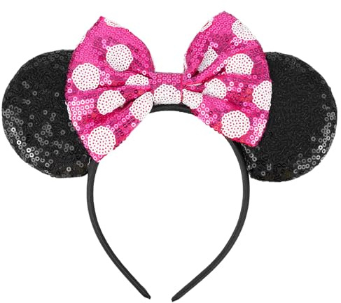 FACHOI Mouse Ears Headbands, Sparkly Sequin Bow Headbands Glitter Elastic Adjustable Headband Cosplay Costume for Women Birthday Halloween Party Decoration Gifts Accessories F4-SEFG