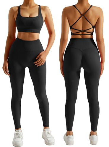 DOULAFASS Gerippte Sport Set Damen Nahtlose Yoga Set Zweiteiler Strappy RüCken Gym Set Undurchsichtiges Fitness Outfit