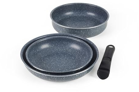 Russell Hobbs Nightfall Stone 3-Piece Pan Set – 24 cm Sauté, 22 & 26 cm Non-Stick Frying Pans, Smart Clip Stay-Cool Detachable Handle, Pressed Aluminium Stackable Cookware, Induction Suitable