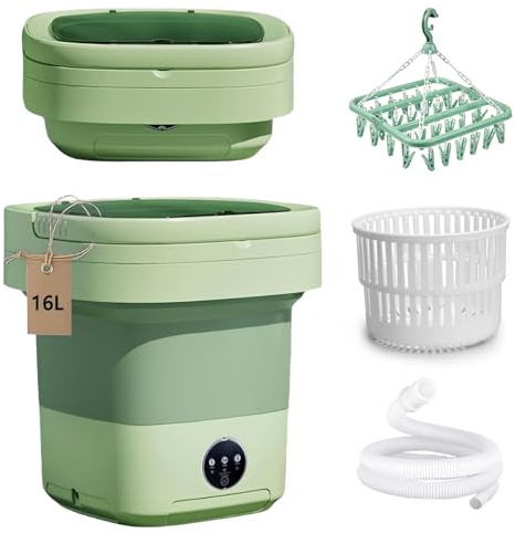 Portable Washing Machine 16L Foldable Mini Washer with Drying Rack,Spin Basket,Top Fill Port,Water Inlet Hose&Drainage Pipe–Compact Collapsible Laundry Set for Small Clothes,Apartments,Dorms,Travel&RV