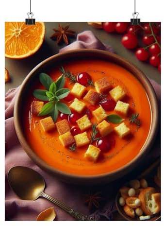 Premium Matte Poster of Red-Orange Soup with Golden Croutons and Lilac Napkins in a Terracotta Bowl