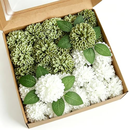 Artificial Flowers, 25pcs Elf Green and White Artificial Rose for DIY | Fake Dahlia Flowers with Stem for Bouquets Wedding Arrangements Centerpieces Bridal Shower Home Party Decorations