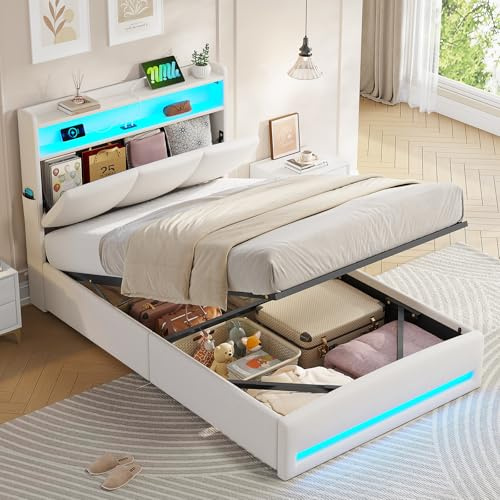 AOGLLATI Polsterbett 90×200 mit Steckdosen und LED-Beleuchtung, Doppelbett mit Stauraum Kopfteil, Bett 90×200 mit Hydraulische Stauraum und Lattenrost aus Holz, Linen, Beige（Ohne Matratze）
