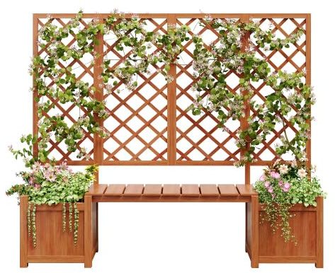 Jardinera con enrejado y banco: bancal de madera 170 x 145 x 42 cm, maceta multifuncional con ayuda para enredaderas para balcón, terraza y jardín