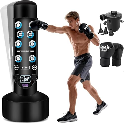 NZQXJXZ Uppgraderad boxningssäck för vuxna med interaktiv musikmatta, 69 tum boxningsväska med scoring, ljus, musikdyna, boxningshandskar och elektrisk luftpump, kickboxning för nybörjarträning MMA