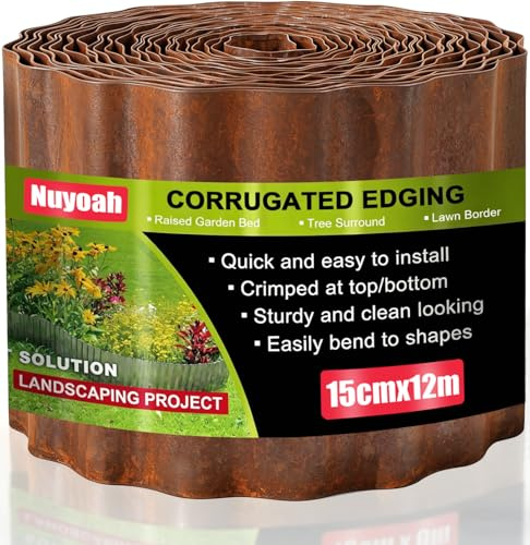 Nuyoah Rasenkante Metall Cortenstahl Beeteinfassung 15cmx12m Beetumrandung Kortenstahl Rasenkanten Rost Flexible Beetbegrenzung Rostoptik DIY Lawn Edging Wetterfestes für Garten Beet Rasen Wege