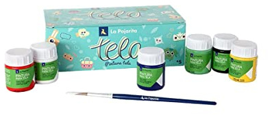 Pintura para tela la pajarita kids 25 ml caja de 6 unidades colores surtidos + pincel