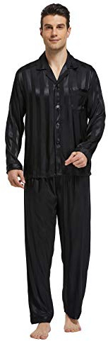 TONY & CANDICE Men's Classic Satin Pajama Set Sleepwear (Large, Black)