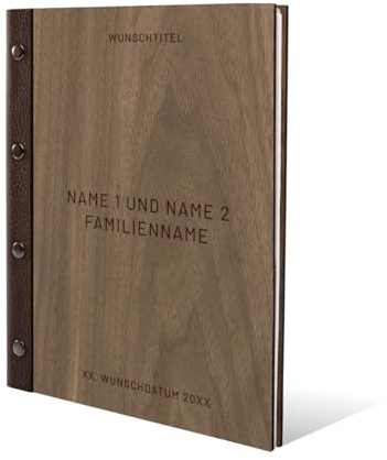 Personalisiertes Stammbuch Hochzeit aus echtem Holz mit Leder Rücken A5 oder A4 inkl. vorgedruckten Seiten - Schlicht