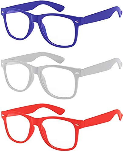 Boolavard 3 Paires de Lunettes Transparentes pour Enfants Protègent les yeux de l'enfant du Blocage UVB UVA (Bleu foncé, Blanc, Rouge)