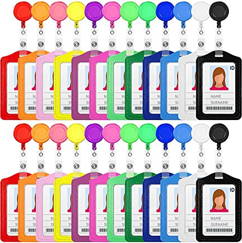 24 Sets Retractable Badge Reels Multicolor Name ID Card Holder PU Leather Business Badge Holder Decorative with Clip for Students, Teachers, Nurses, Doctors(Vertical)