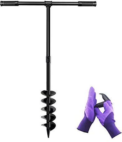 LONGRUN Garden Auger Drill, 4 Manual Fence Post Earth Auger Drill with Non-Slip Handle and Gloves, 10cm Soil Digger for Rapid Garden Planting Bulb, Seedling, Post Hole