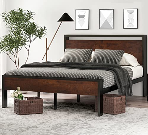 SHA CERLIN 14 Inch Full Size Metal Platform Bed Frame with Wooden Headboard and Footboard, Mattress Foundation, No Box Spring Needed, Large Under Bed Storage, Non-Slip Without Noise, Mahogany