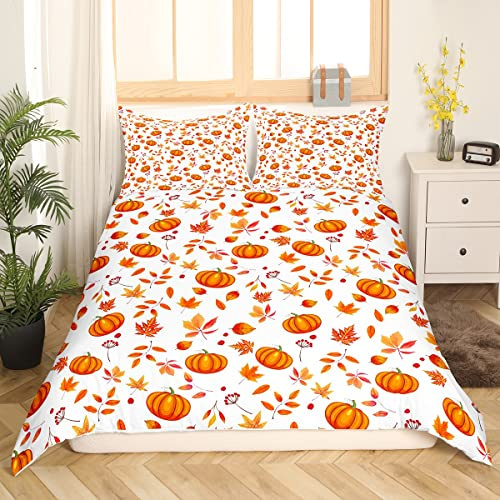 Halloween Kürbis Bettbezug Set - Frohes Herbst Bettwäsche 135 x 200 Mit Süßen Herbstblumen und Ahornblättern - Thanksgiving Geschenke für Kinder, Jungen, Mädchen - Herbst Raumdekor 2 Stück