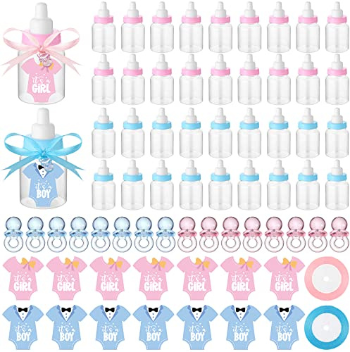 162 Pcs Gender Reveal Baby Shower Favors 48 Mini Milk Bottles Plastic Baby Candy Bottle 48 Mini Pacifiers Tiny Plastic Pacifiers 64 Pcs It's a Boy Girl Gender Reveal Stickers 2 Roll Ribbon