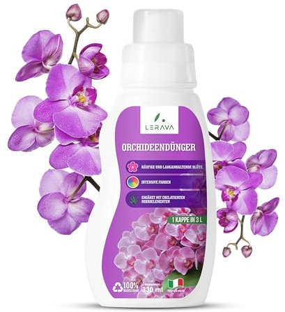LERAVA concime orchidee liquido – 330ml con tapo dosatore - concime per orchidee per una fioritura ricca - nutrimento bilanciata con microelementi chelati – fertillizzante orchidee “Made in Italy”