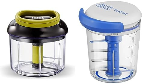 Jamie Oliver by Tefal K1644344 Chop & Shaker | Fassungsvermögen: 450 ml | weiß/blau & K13204 Ingenio 5-Sekunden-Zerkleinerer ohne Strom | Fassungsvermögen: 900ml | Schwarz/Grün/Transparent