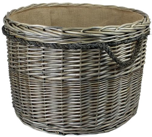 Range of large Antique grey Wicker log baskets. Rope handles. Wood & kindling storage for fireplace. Or shoes toys washing clothes bin (145 litres, Round)