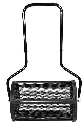 FEFE Compost Spreader 24 Inch Seeding Manure Fertilizer Garden Spreader Roller With U-Shaped Handle & Side Clasps Durable Metal Mesh Basket Spreader For Lawn And Garden Care – Black