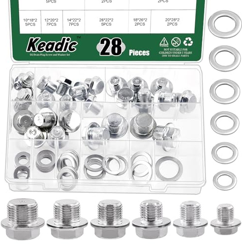 Keadic Lot de 28 bouchons de vidange d'huile avec rondelle en aluminium, assortiment de bouchons de vidange d'huile, 6 tailles de bouchon de vidange d'huile, kit d'écrou de vidange pour la plupart des