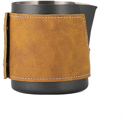 Pichet à lait sans poignée avec bec tranchant, pichet vapeur expresso, pichet à mousser le lait et café en acier inoxydable avec gaine en cuir (noir, 400 ml)