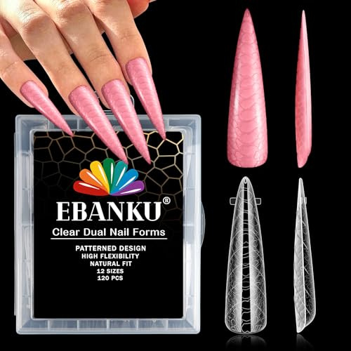 EBANKU 120 Stück Klare Stiletto Full Cover Dual Nail System Form 3D Relief Acryl Nagelverlängerung Tipps Nail Art Maniküre Werkzeuge