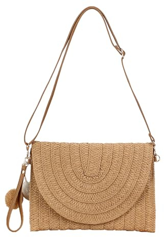 BAIYSFFG Straw Clutch Handbag Purse Straw Crossbody Bag with Pom Pom Keychain and Zipper Closure Summer Beach Bags for Women Straw Woven Envelope Bag Party Totes for Evening Party