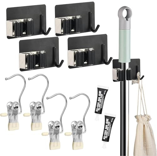DYMHQ 4 Stück Mop Halter Besenhalterung, Edelstahl Wandhalterung Geräte, Besenhalter Ohne Bohren mit 4 Handtuchklammern und 2 Klebern, Werkzeughalter Organizer für Gärten Garagen Schuppen
