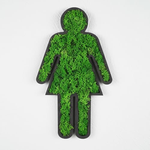 ebenkunst | WC-Schild female, Wandbild aus Holz, HDF-Schwarz, 10mm stark, Moosbild - WC Piktogramm - Toilettenschild Frau mit konserviertem Moos