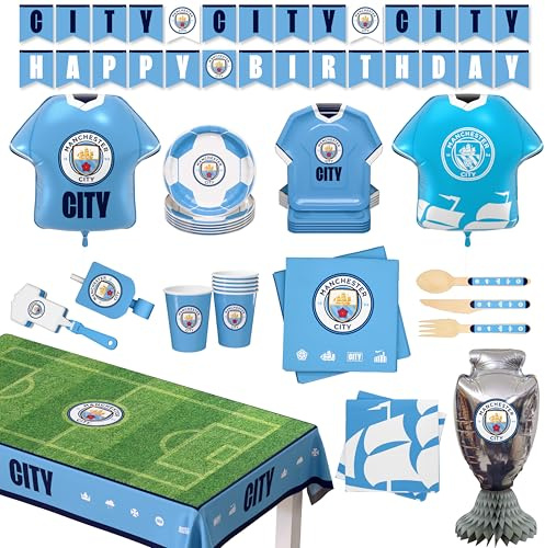 Manchester City FC - Kit de suministros de fiesta con licencia oficial de 77 piezas + globos en forma de jersey para 6 invitados, perfecto para cumpleaños y celebraciones de partido
