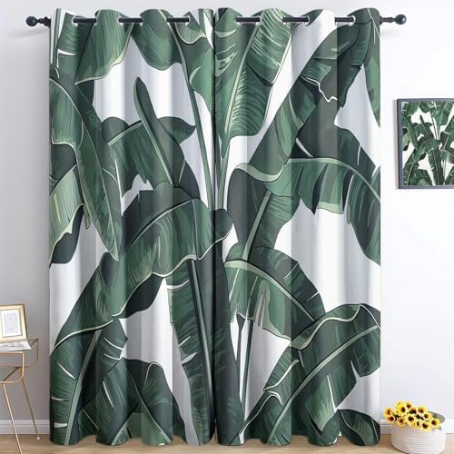 Srigzcaly DunkelgrüNe BananenbläTter, Wohnzimmer Verdunklungsvorhänge 2er Set 280x245cm(BxH) Waschmaschinenfest Anti Fade Wärmeisolierend Vorhänge Weiß