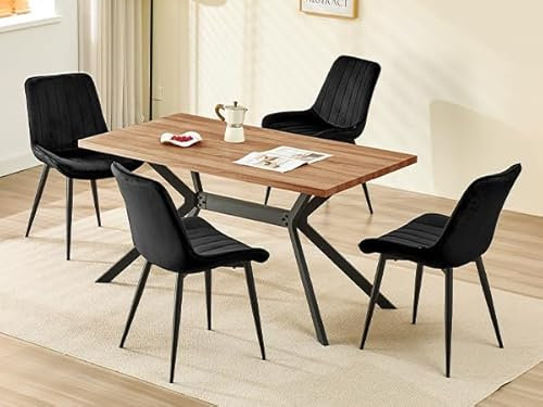 LEWE Esszimmergruppe, Esstisch aus Holz mit 4 Holland Samt Stühle Set, 140 x 80 x 76 cm Tisch, für Esszimmer Küche Wohnzimmer, Langlebig, Rechteckiger Esstisch aus dunklem Holz und Schwarz Stuhl