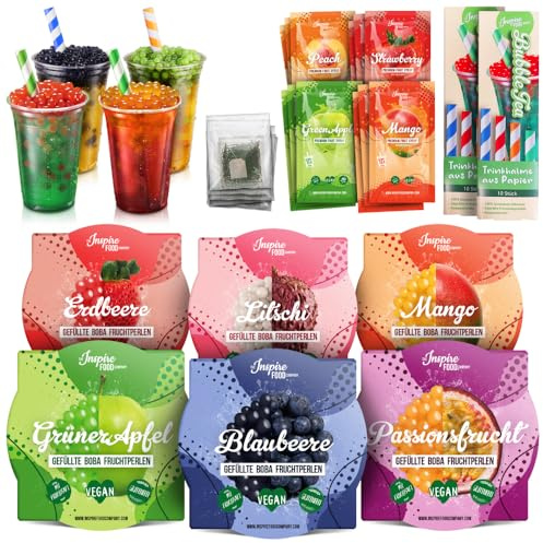 INSPIRE FOOD Bubble Tea Kit | 6x Popping Boba & 4x Sirup Set | Bubble Tea Kit mit Popping Boba Perlen und Fruchtsirup - 100% vegan und glutenfrei, ohne künstliche Farbstoff
