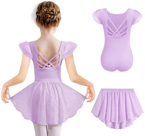Arshiner Mädchen Ballettkleid Kurzarm Ballettkleidung Baumwolle Rückenfrei Balletttrikot Kinder Tanzkleid Sommer Glitzer Ballettanzug Zweiteilig Tanzbody mit Tütü Violett 150/8-9 Jahre
