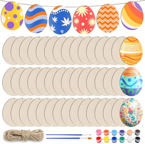 Jodsen 50 Piezas Adornos de Pascua de Madera Juego de Madera para Pintar Huevos de Pascua Manualidades de Pascua Colgantes Pascua sin Terminar con Pintura para Fiesta de Pascua DIY Decor,4x6cm