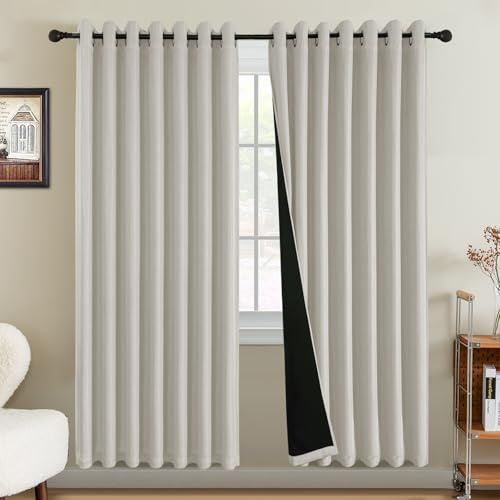 BellaHills 100% Blackout Curtains for Bedroom Thermal Faux Linen Curtain for Living Room Burlap Textured Eyelet Curtains & Drapes, 2 Panels, 90 x 90 Inch, Heather Natural