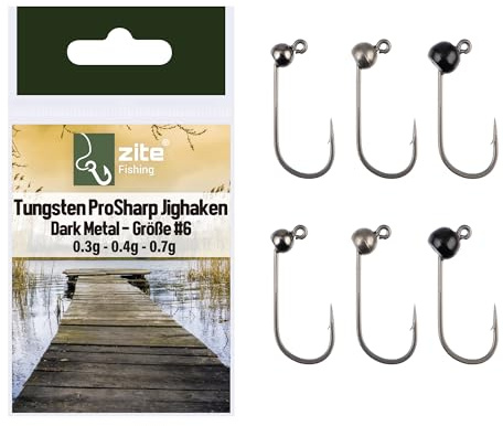 Zite Fishing Tungsten Pro Sharp Jighaken Forelle Dark Metallic 6 STK | #6 Tungsten Jigköpfe | Forellen-Haken mit Tungsten-Perle Teflonbeschichtet | Ultraspitz & Scharf für Gummiköder UL Angeln