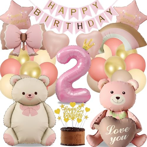 Decorazioni Compleanno 2 Anni Femminuccia, Palloncini Rosa e Oro, Kit Compleanno con Orsetto, Cuori, Arcobaleno e Arco, Striscione Happy Birthday e Accessori per Torta (Set Compleanno Bambina 2 Anni)