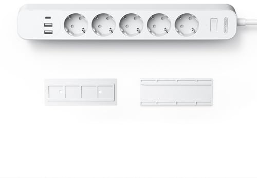 NTONPOWER Multiprise Murale avec Plaque Adhésive, 8 en 1 Multiprise Murale 5 Prises avec USB C, Multiprise Electrique 1,5 m, 2500W, pour Maison, Bureau et Cuisine, Blanc