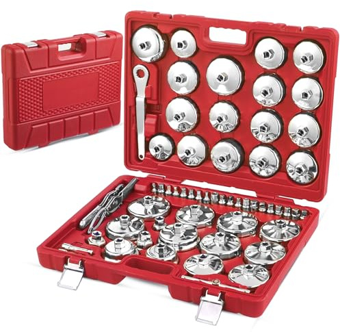 Chinrose Auto Oil Filter Socket Wrench Set, Cup Type 1/2 inch Drive Cap Removal Tool, with Drain Plug Socket Set/Adjustable/Drive, Compatible, all Models Car, SUV, Oil Filter (58, RED)