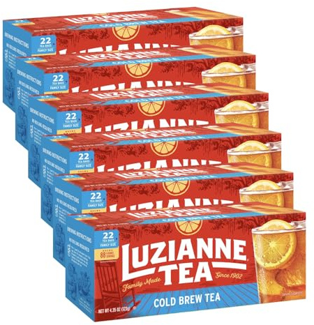 Luzianne Unsweetened Cold Brew Black Iced Tea Bags, Family Size, 22ct Box (Pack of 6)