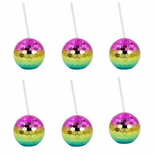 MEKLITRZ 6 Pack Disco Ball Cups with Lids & 6 Straws Reusable Glitter Party Cups for Hen Nights, Flash Ball Wine Cocktail Tumblers Mirror Bachelorette Barware for Club Bar(4 Colors Rainbow)