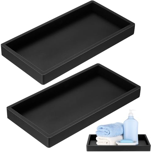 2 Pcs Bathroom Tray Organiser, Silicone Vanity Tray White Trays Rectangular, Decorative Trays for Cosmetic Candles Towel Soap Jewelry Kitchen Sink Countertop Bedroom, 20x10cm (Black)