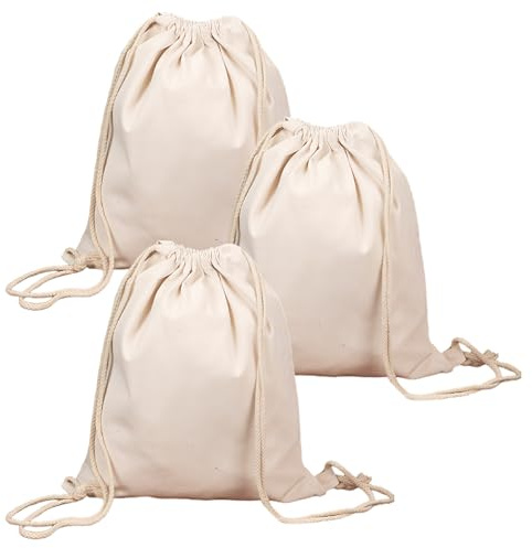 Pluvyze 3 Stück Turnbeutel Beutel Zum Bemalen 34x41cm Stoffbeutel Baumwollbeutel Mit Kordelzug, Unbedruckte Wasserdicht, Damen Herren Kinder Sport Reise Schule Schwimmen Turnhalle Strand Weiß